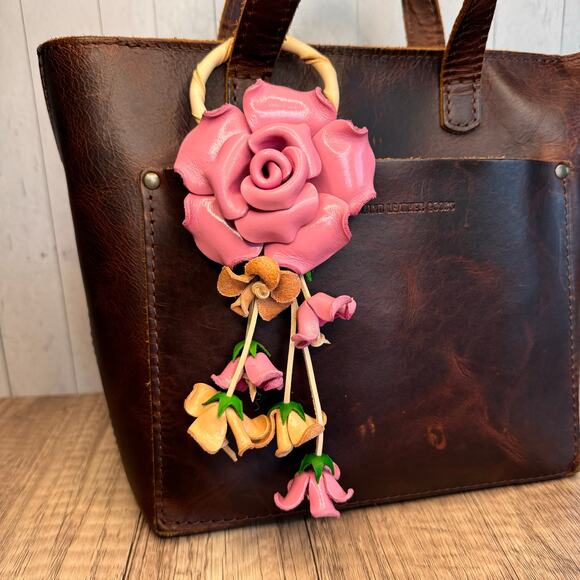 Leather Light Pink Rose Purse Charm Genuine Leather Rose Flower Bag Charm - Picture 1 of 7